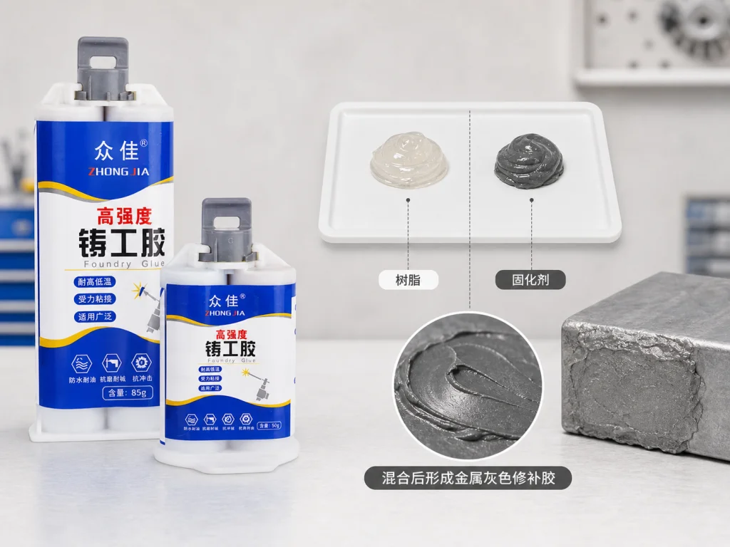 Hai thành phần kết hợp thành lớp keo sửa chữa màu kim loại
